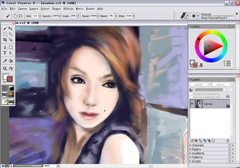 painter Charcoal(炭笔)绘制气质女孩 脚本之家 painter教程