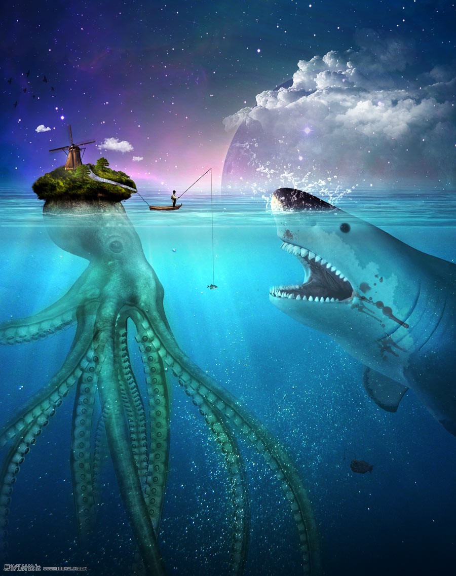 Photoshop合成章鱼岛渔夫出海钓鲨鱼教程,PS教程,素材中国